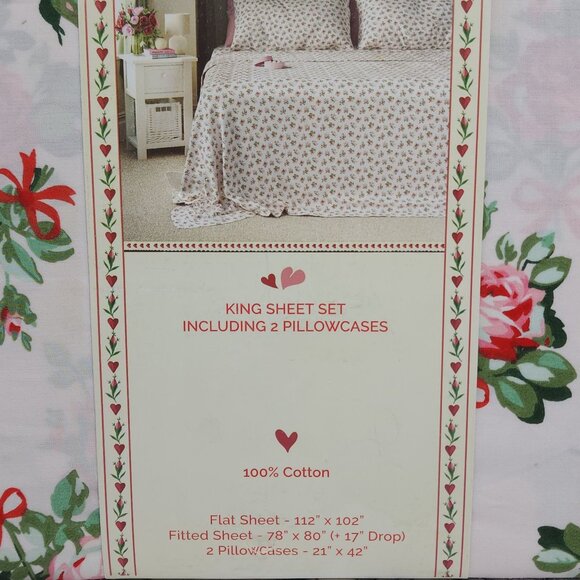 Cath Kidston Rose & Bow Pink King Sheet Set 100% Cotton Percale 2 Pillowcases - Picture 5 of 7
